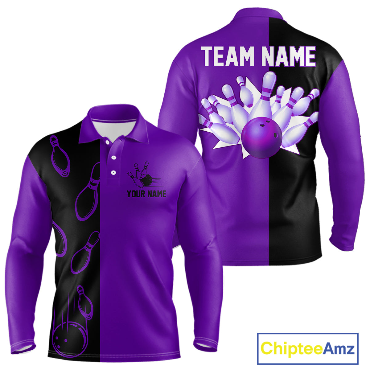Purple and Black retro vintage Bowling polo, quarter zip shirts for men custom Bowling team jerseys NQS11566