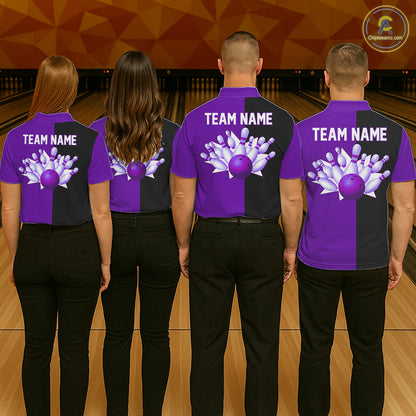 Purple and Black retro vintage Bowling polo, quarter zip shirts for men custom Bowling team jerseys NQS11566