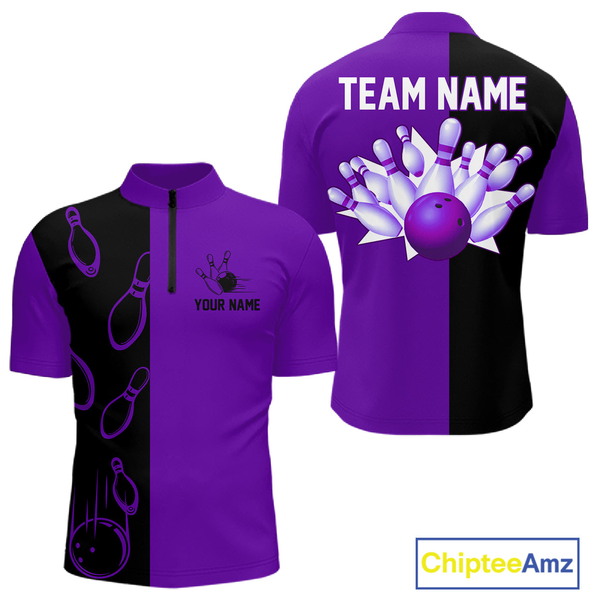 Purple and Black retro vintage Bowling polo, quarter zip shirts for men custom Bowling team jerseys NQS11566