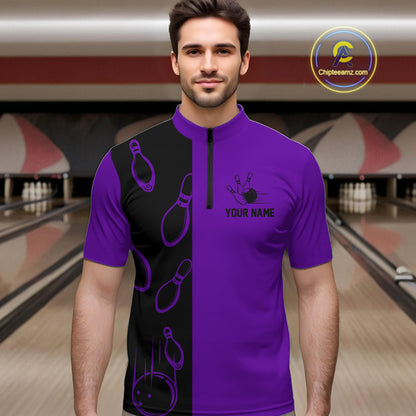 Purple and Black retro vintage Bowling polo, quarter zip shirts for men custom Bowling team jerseys NQS11566