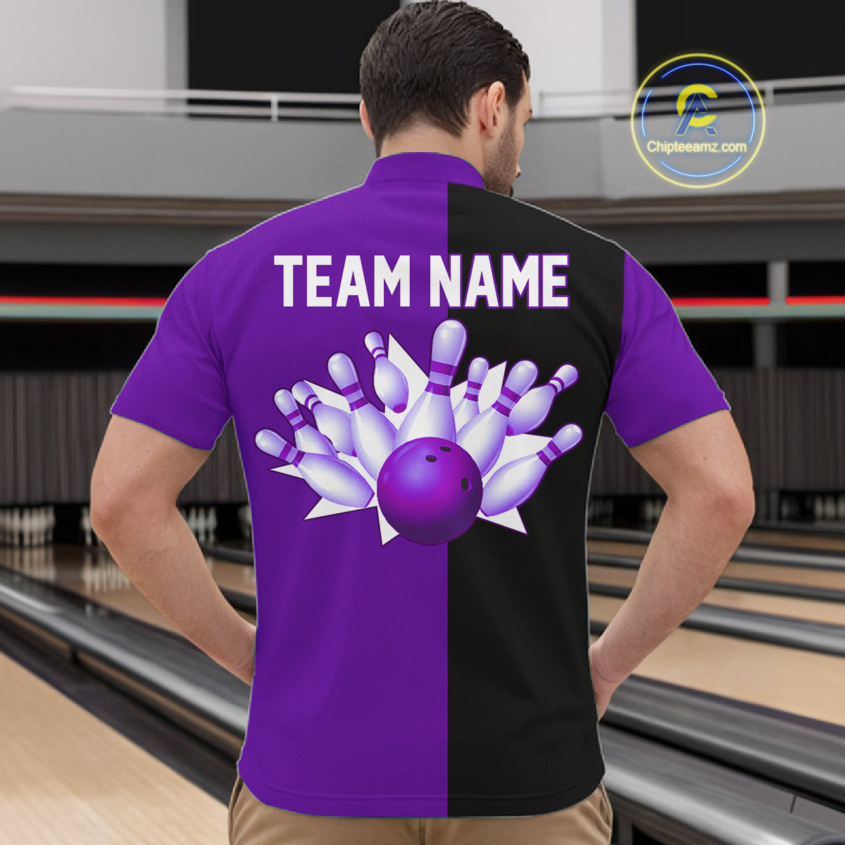 Purple and Black retro vintage Bowling polo, quarter zip shirts for men custom Bowling team jerseys NQS11566