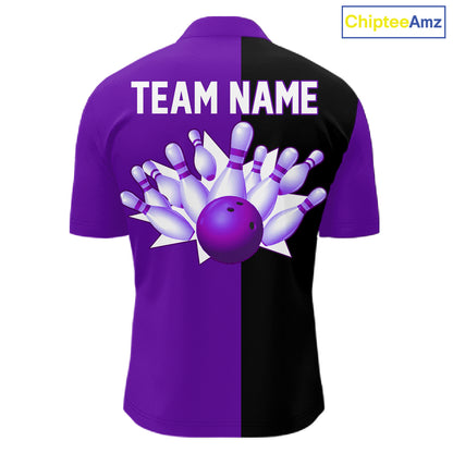 Purple and Black retro vintage Bowling polo, quarter zip shirts for men custom Bowling team jerseys NQS11566