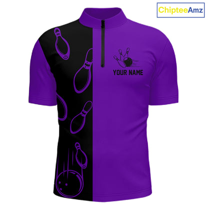 Purple and Black retro vintage Bowling polo, quarter zip shirts for men custom Bowling team jerseys NQS11566