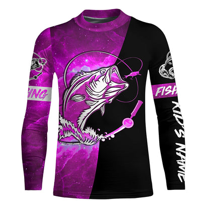 Bass Fishing tattoo pink galaxy black Custom name performance UV protection long sleeve fishing shirts NQS5399