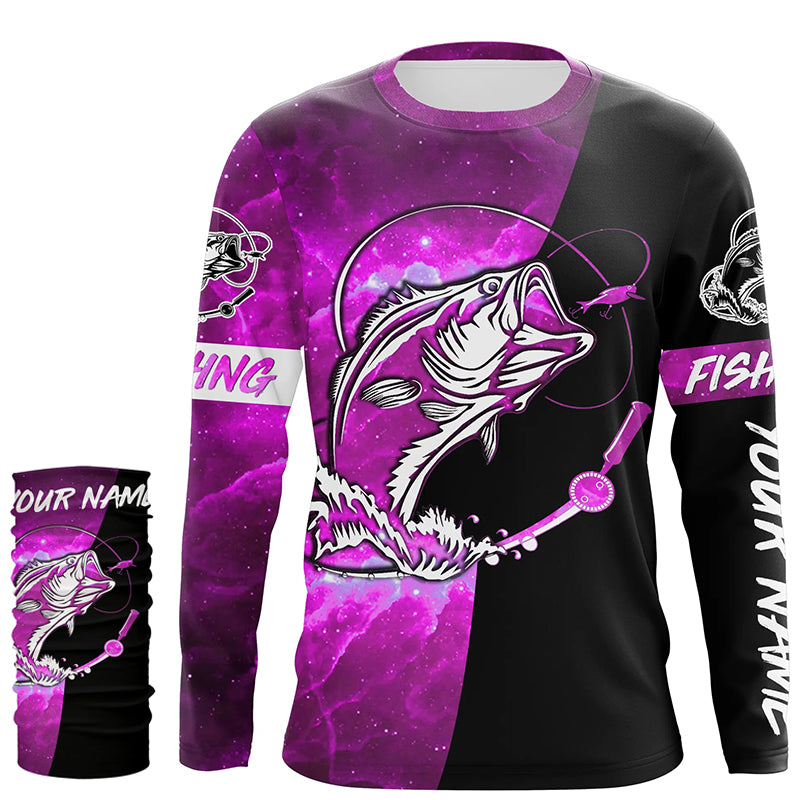 Bass Fishing tattoo pink galaxy black Custom name performance UV protection long sleeve fishing shirts NQS5399
