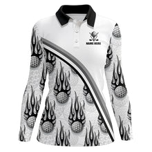 Load image into Gallery viewer, Golf balls black flame pattern Womens golf polo shirts custom golf apparel for ladies | White NQS6108