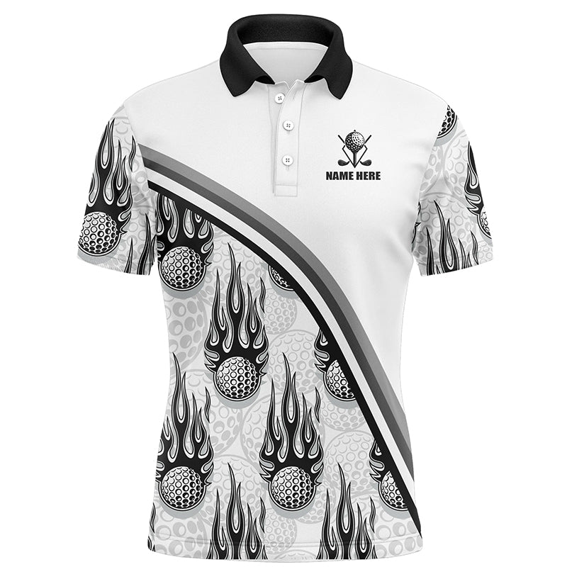 Golf balls black flame pattern Mens Golf polo shirts custom name golf clothes for men golfing | White NQS6108