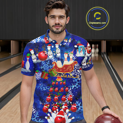 Mens Bowling Polo Shirts Custom blue Christmas pattern Bowling Santa ball pins team Mens Jersey NQS6617