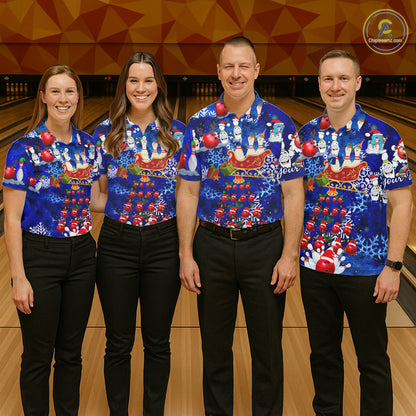 Mens Bowling Polo Shirts Custom blue Christmas pattern Bowling Santa ball pins team Mens Jersey NQS6617