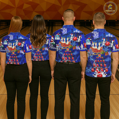 Mens Bowling Polo Shirts Custom blue Christmas pattern Bowling Santa ball pins team Mens Jersey NQS6617