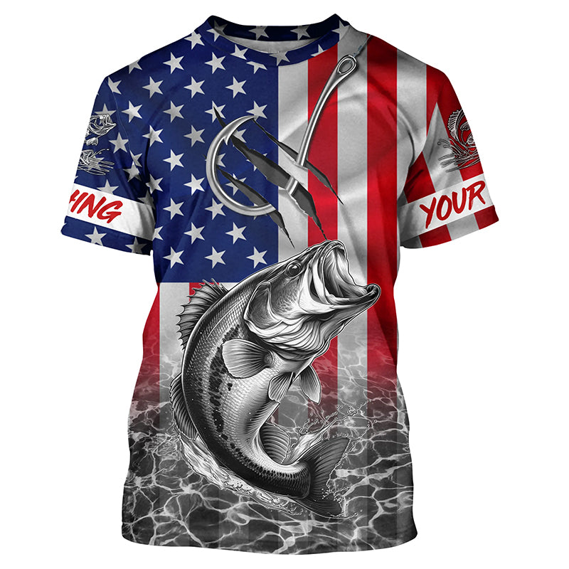 American Flag Bass Fish hook Custom long sleeve performance Fishing Shirts, Bass Fishing jerseys NQS5502