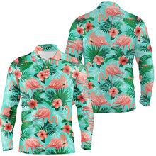 Load image into Gallery viewer, Personalized green tropical pink flamingo pattern custom mens golf polo shirts, mens golf wears NQS5995