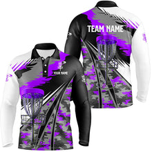 Load image into Gallery viewer, Mens disc golf polo shirt custom purple camo disc golf basket disc golf outfit, team disc golf apparel NQS7348