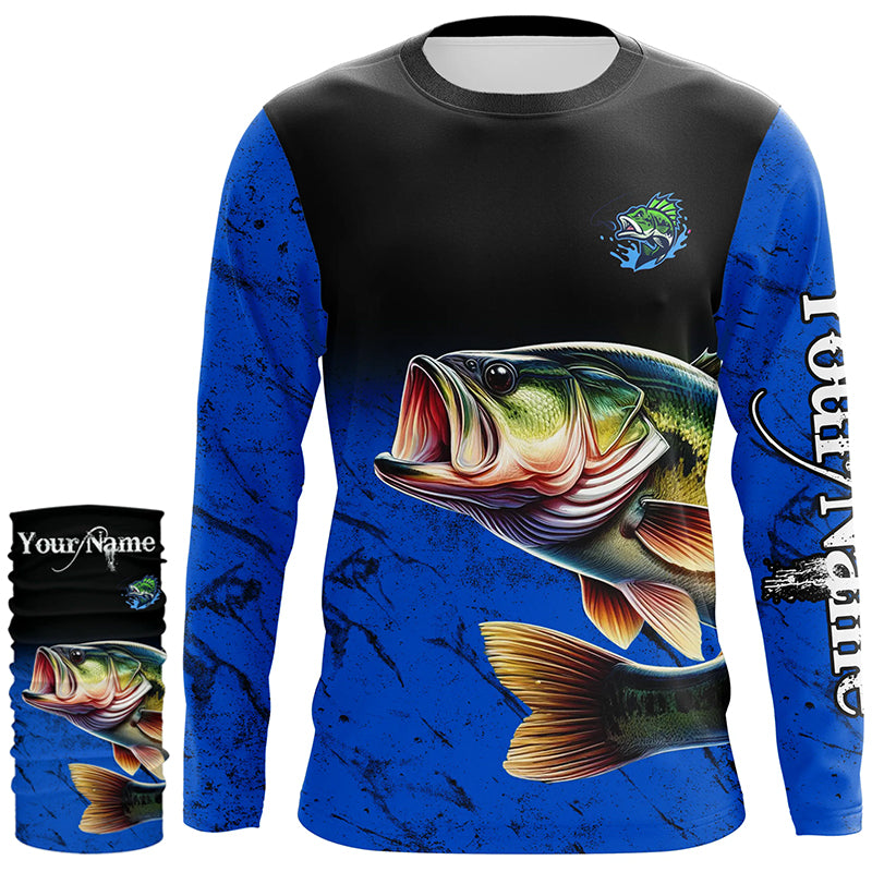 Largemouth Bass Fishing Custom blue black long sleeve performance Fishing Shirt, Bass fishing jerseys NQS5070