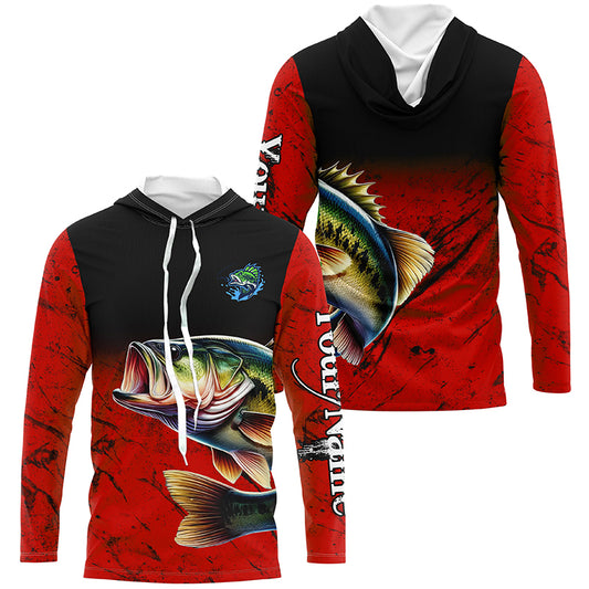 Largemouth Bass Fishing Custom red black long sleeve performance Fishing Shirt, Bass fishing jerseys NQS5071