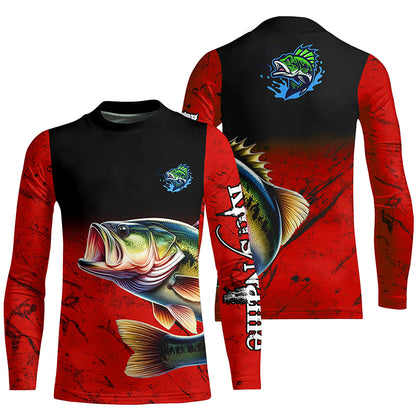 Largemouth Bass Fishing Custom red black long sleeve performance Fishing Shirt, Bass fishing jerseys NQS5071