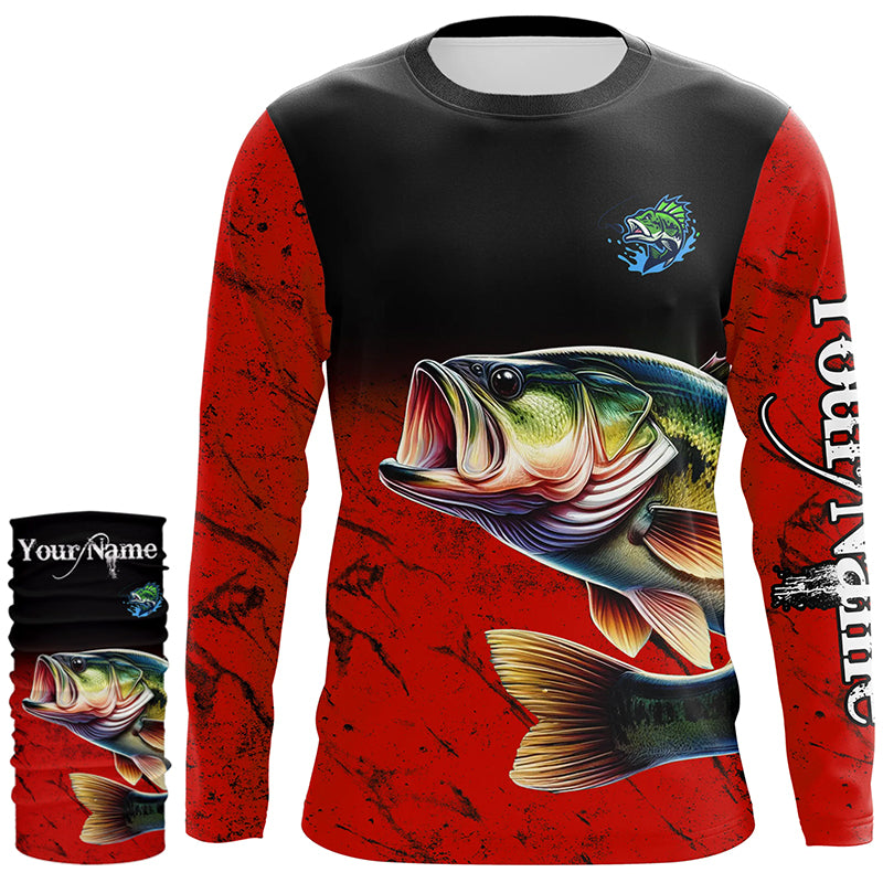 Largemouth Bass Fishing Custom red black long sleeve performance Fishing Shirt, Bass fishing jerseys NQS5071