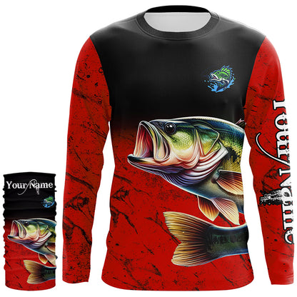 Largemouth Bass Fishing Custom red black long sleeve performance Fishing Shirt, Bass fishing jerseys NQS5071