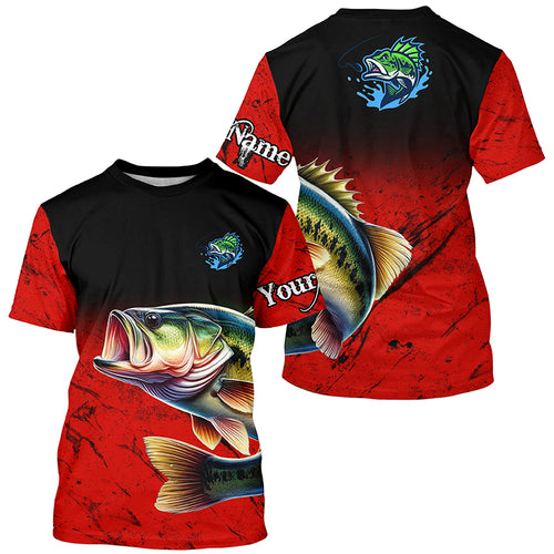 Largemouth Bass Fishing Custom red black long sleeve performance Fishing Shirt, Bass fishing jerseys NQS5071