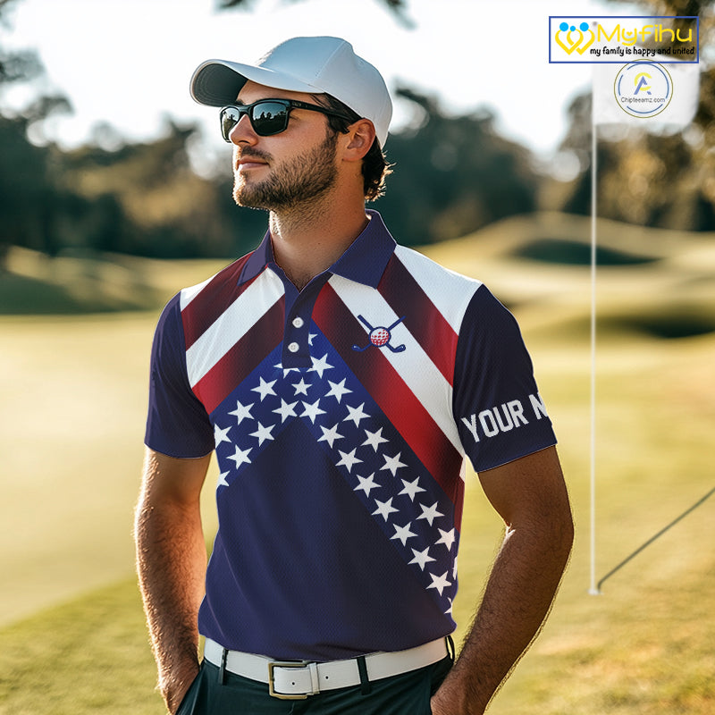 Red, White and Blue American Flag golf polo shirts for men Custom Patriotic mens golf outfit NQS10227