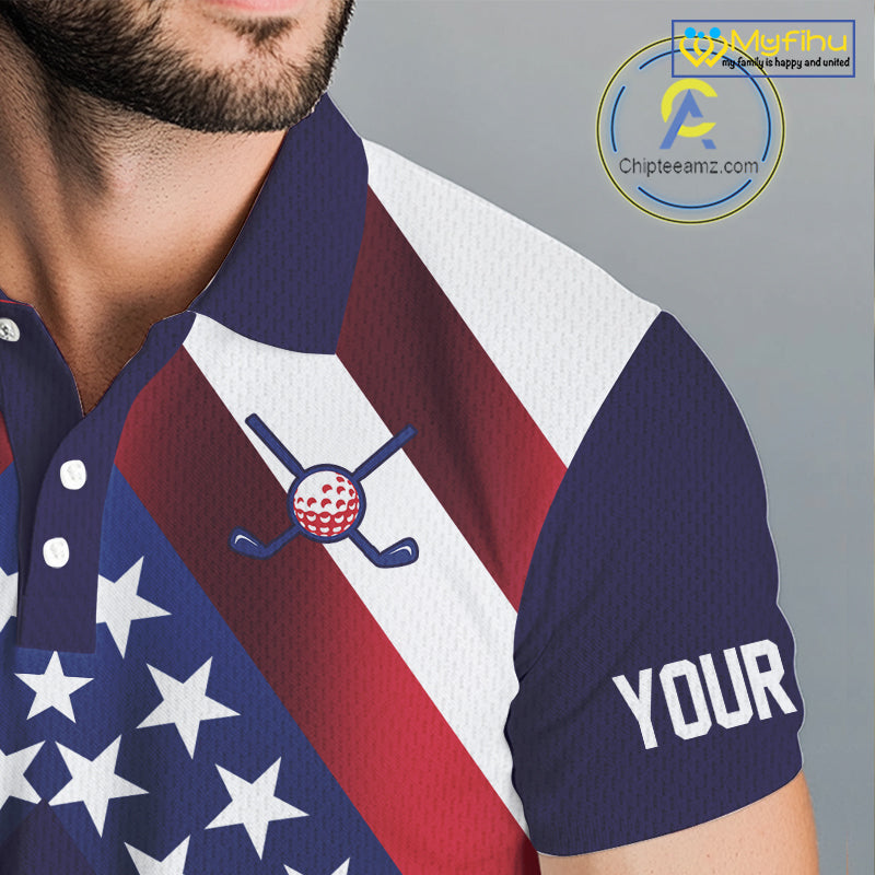 Red, White and Blue American Flag golf polo shirts for men Custom Patriotic mens golf outfit NQS10227