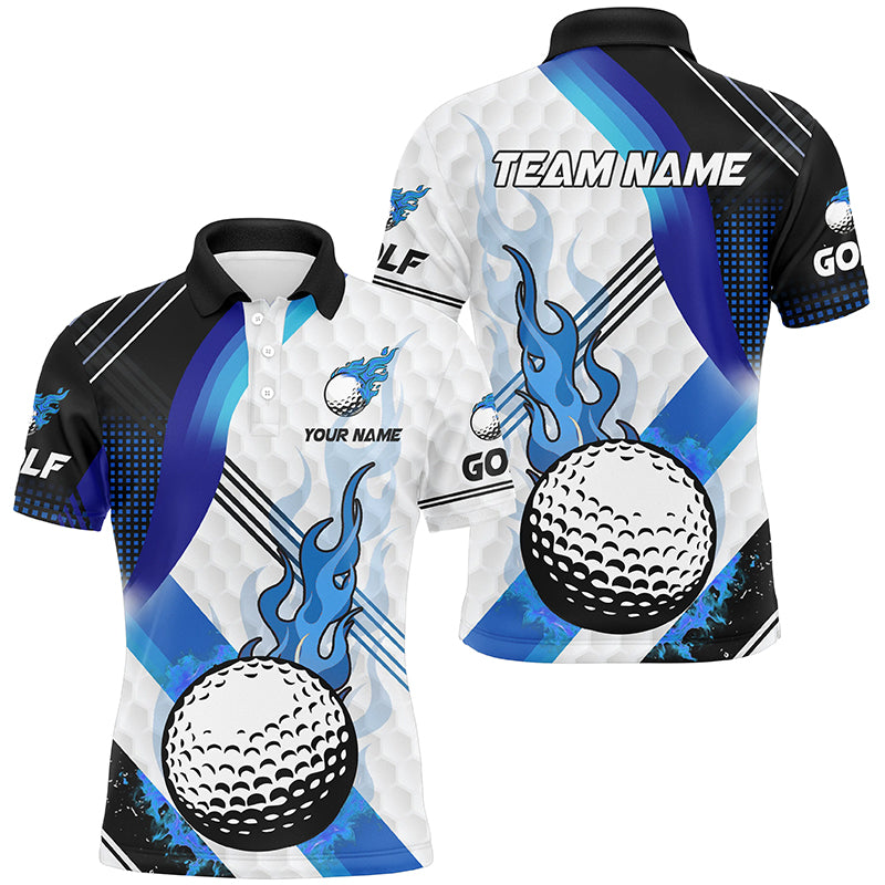 Blue Flame white Golf ball pattern Mens Golf Polo Shirts Custom Golf Tops for men, best golf gifts NQS8197