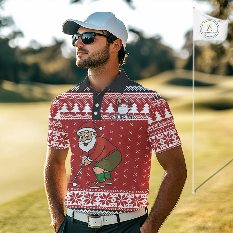 Funny Santa Golf Polo shirts For men Red ugly Christmas pattern Custom mens Christmas golf shirts NQS11000