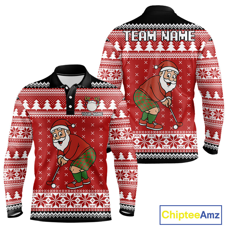 Funny Santa Golf Polo shirts For men Red ugly Christmas pattern Custom mens Christmas golf shirts NQS11000