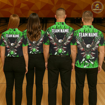 Green flame Mens bowling shirts Custom American flag Eagle Team bowling shirts, gift for bowlers NQS11188