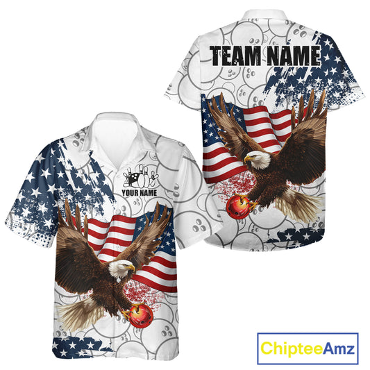Red, White, Blue American Flag Eagle Bowling Hawaiian shirt Custom Patriotic Camo Bowling Team Jersey NQS11192