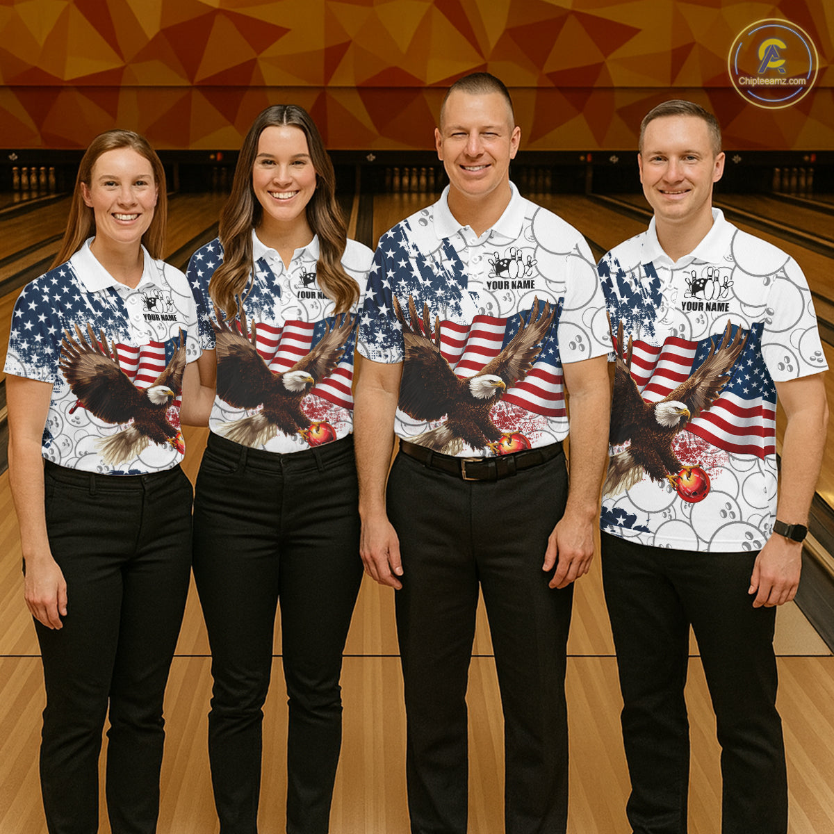 Red, White, Blue American Flag Eagle Women Bowling Shirts Custom Patriotic Camo Bowling Team Jersey NQS11192