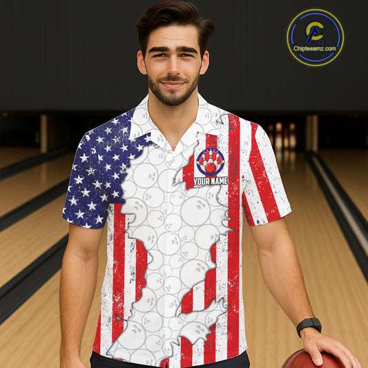 Personalized Red, White and Blue American Flag Bowling Team Hawaiian Shirt, Patriotic Bowling Gifts NQS11197