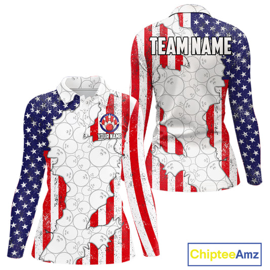 Personalized Red, White and Blue American Flag Bowling Team Shirts For Women, Patriotic Bowling Gifts NQS11197