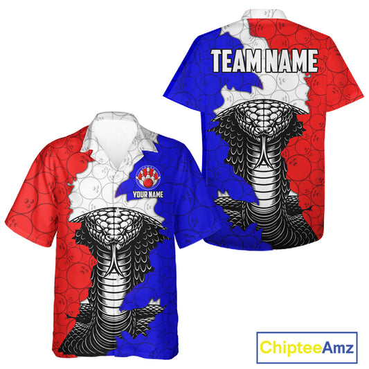 Personalized Red, White and Blue Cobra Snake Bowling Team Hawaiian Shirt, Patriotic Bowling Jerseys NQS11198