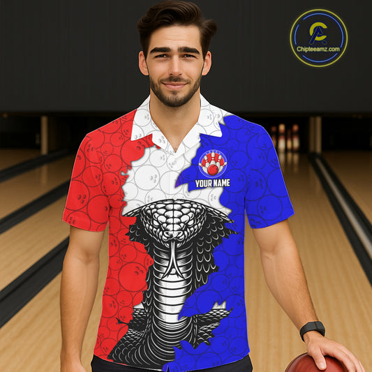 Personalized Red, White and Blue Cobra Snake Bowling Team Hawaiian Shirt, Patriotic Bowling Jerseys NQS11198