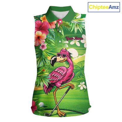Personalized Green tropical flower flamingo ladies sleeveless golf tops custom team golf shirts NQS11399