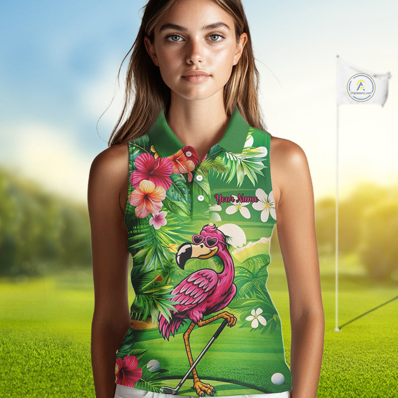 Personalized Green tropical flower flamingo ladies sleeveless golf tops custom team golf shirts NQS11399