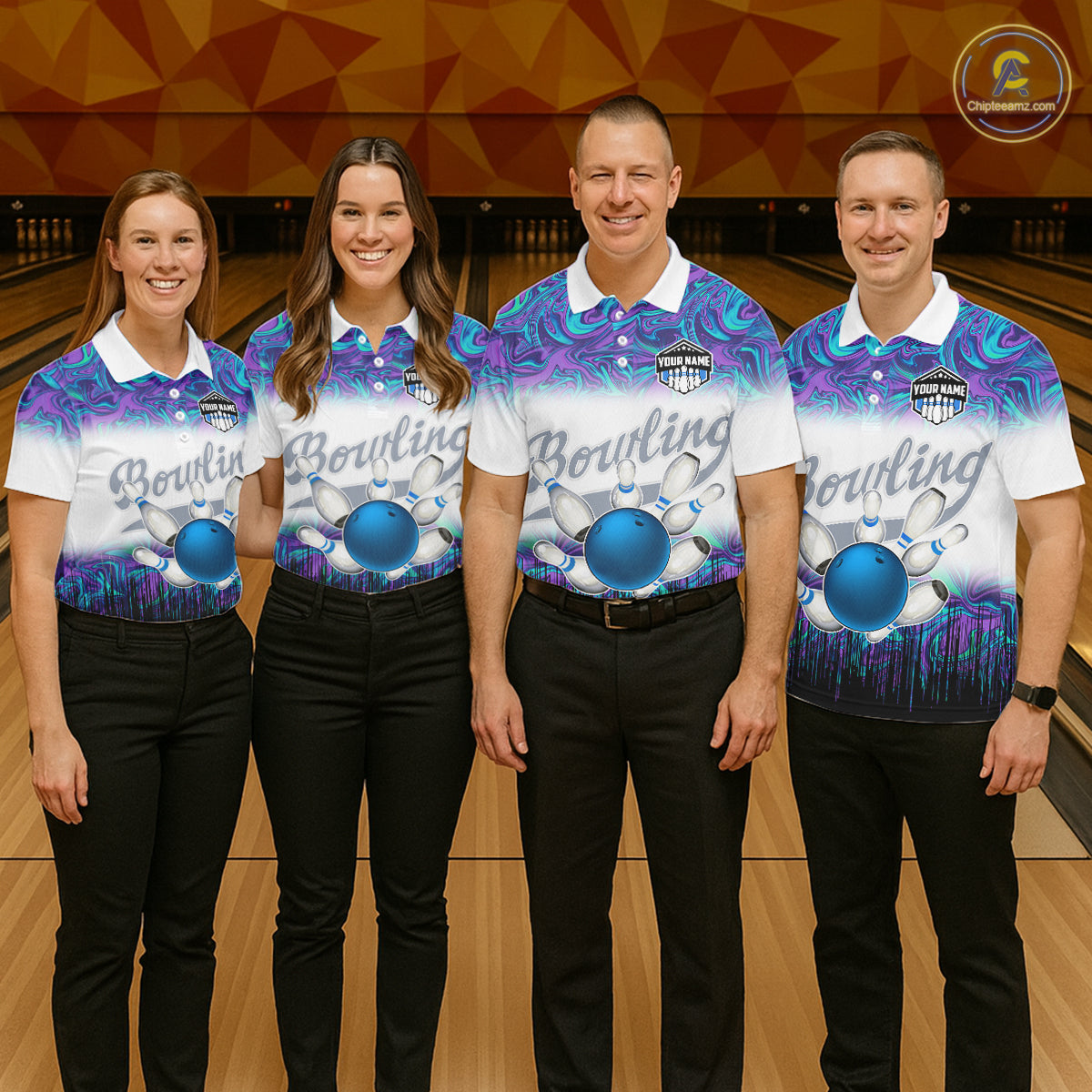 Mens Bowling polo shirts Custom blue purple marble pattern bowling Team Jerseys, gift for bowlers NQS7141