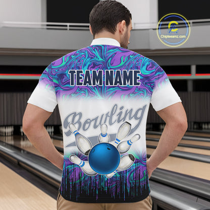Men bowling Quarter Zip shirt Custom blue purple marble pattern bowling Team Jerseys, gift for bowlers NQS7141