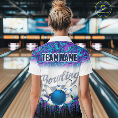 Womens Quarter Zip shirts Custom blue purple marble pattern bowling Team Jerseys, gift for bowlers NQS7141