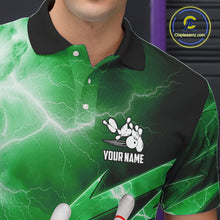 Load image into Gallery viewer, Green Storm Lightning Thunder Bowling Polo, Quarter Zip Shirt For Men Custom Bowling Team Jersey NQS11719