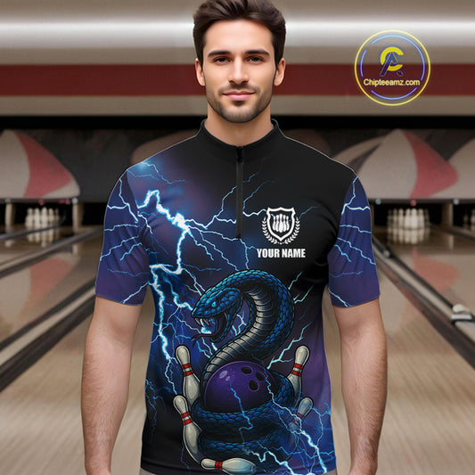 Personalized Black And Blue Thunder Lightning Cobra Snake Bowling Shirts For Men, Bowling Team Uniform NQS9852