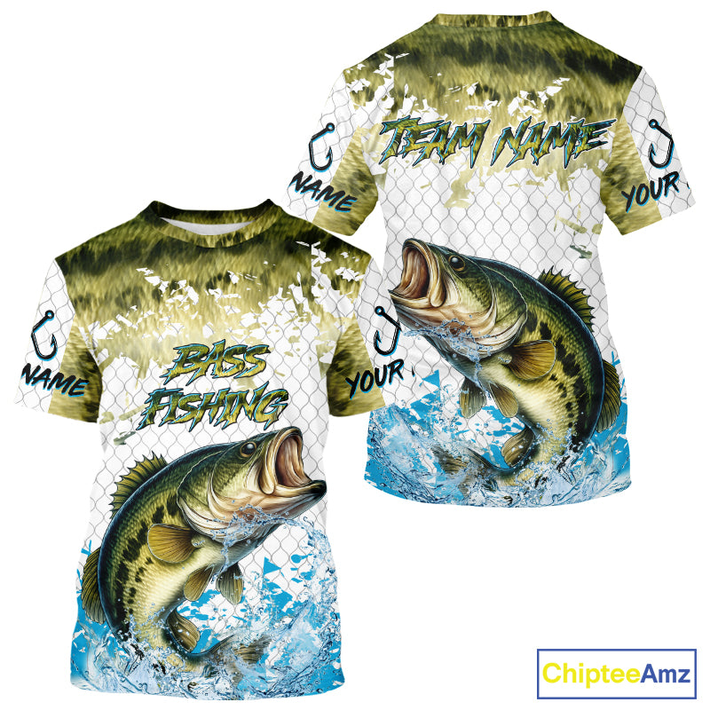 Largemouth bass fishing green scales UV protection custom hooded sun shirt, Bass fishing jerseys NQS10229