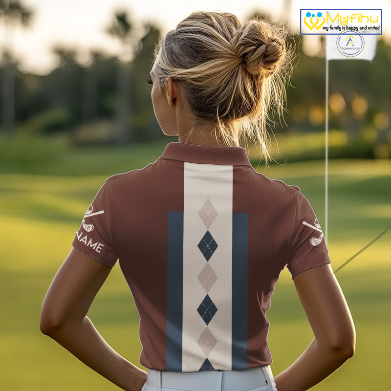 Brown Argyle Pattern Women Golf Polo Shirts Custom Vintage Style For Golf Lovers Gift For Ladies NQS10233