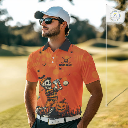 Custom Funny orange Golf skull Halloween Mens golf polo shirt, Personalized Halloween golf outfit NQS10397