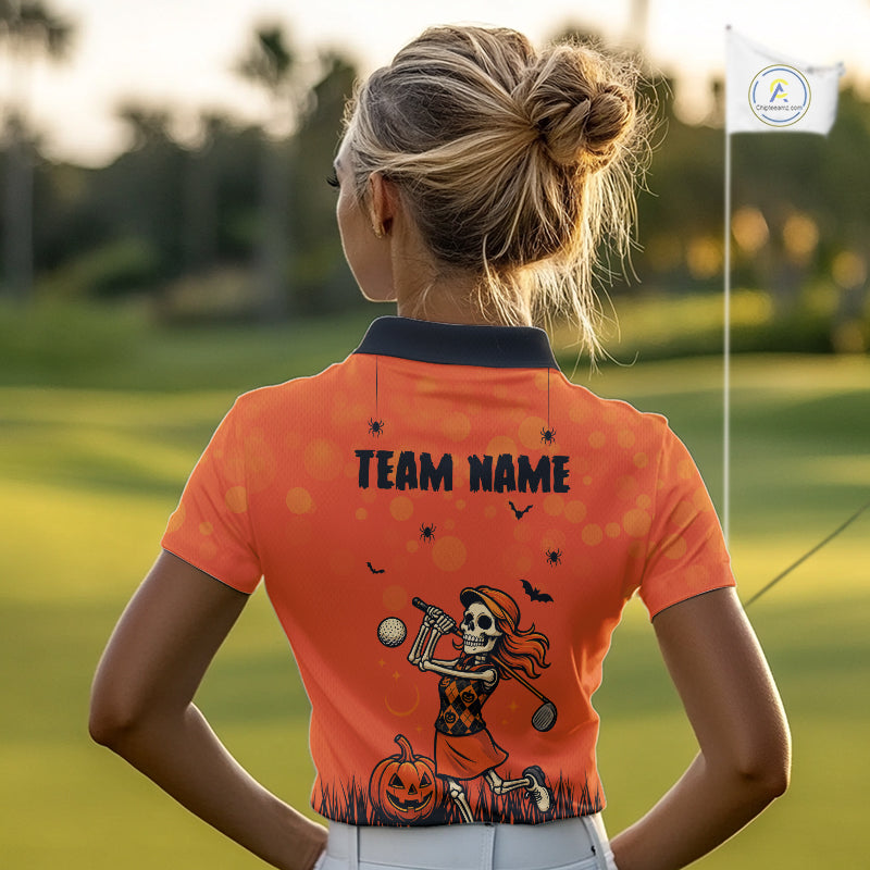 Custom Funny orange Golf skull Halloween Women golf polo shirt, Personalized Halloween golf outfit NQS10397