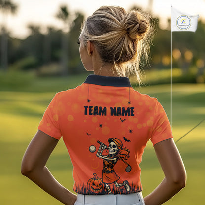 Custom Funny orange Golf skull Halloween Women golf polo shirt, Personalized Halloween golf outfit NQS10397