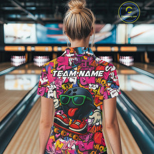 Funny pink graffiti pattern Bowling Team Shirt For Women Custom Ladies Bowling Jersey NQS10824