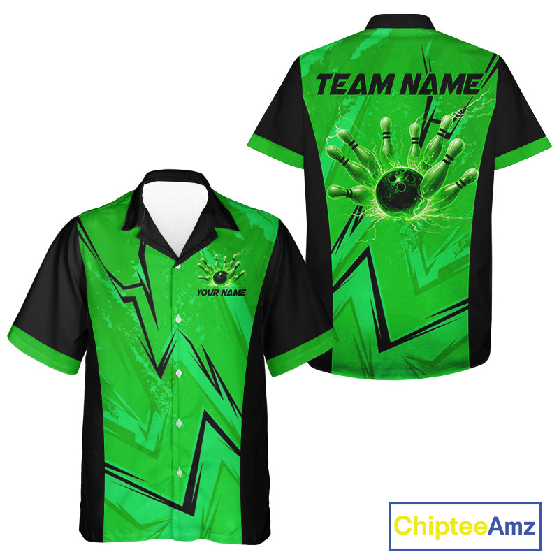 Personalized Green Lightning Thunder Bowling Hawaiian Shirt, Team Bowling Jersey NQS10832
