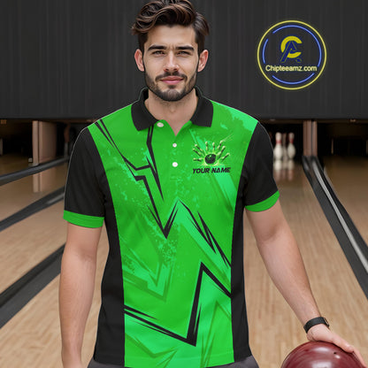 Personalized Green Lightning Thunder Bowling Polo, Quarter Zip Shirts For Men, Team Bowling Jersey NQS10832